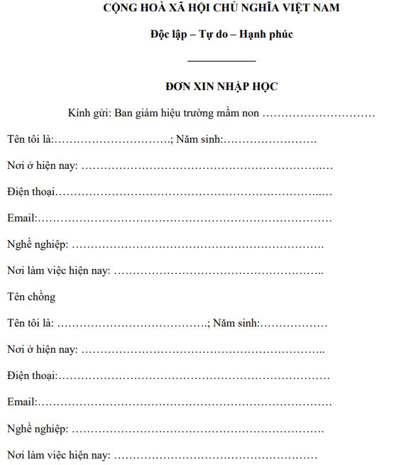 Mẫu đơn xin nhập học mới nhất 