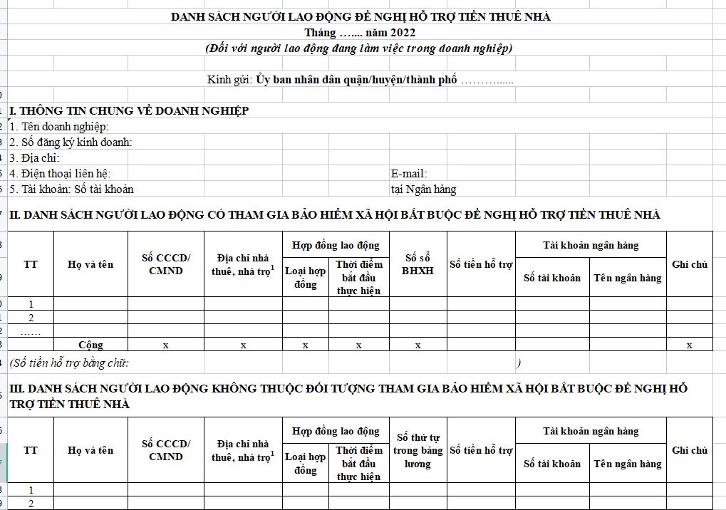 Biểu mẫu nhận hỗ trợ tiền thuê nhà theo Quyết định 08 Excel