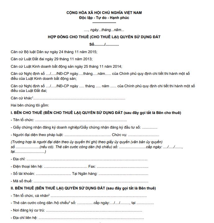 Mẫu hợp đồng cho thuê quyền sử dụng đất trong kinh doanh bất động sản
