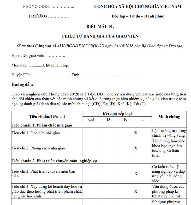 Biểu mẫu 01 cv 4530: Phiếu tự đánh giá của giáo viên cơ sở giáo dục phổ thông