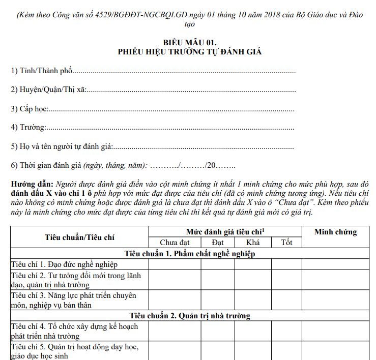 Phiếu hiệu trưởng tự đánh giá