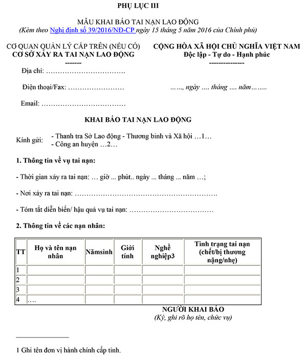 Mẫu khai báo tai nạn lao động
