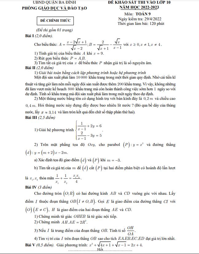 Đề thi thử vào 10 môn Toán Hà Nội 2022 - đề 1