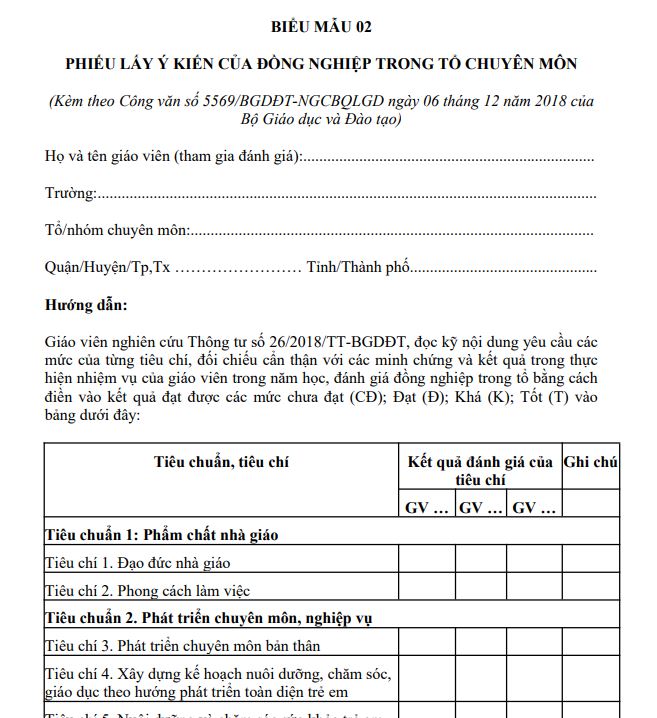 Phiếu lấy ý kiến đồng nghiệp trong tổ chuyên môn 