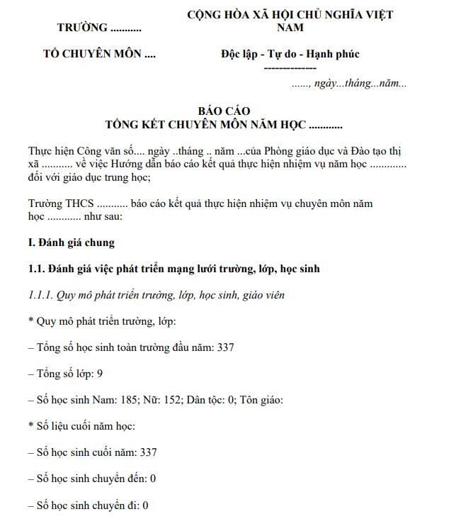 Mẫu báo cáo tổng kết năm học của tổ chuyên môn trường THCS năm học 2021-2022