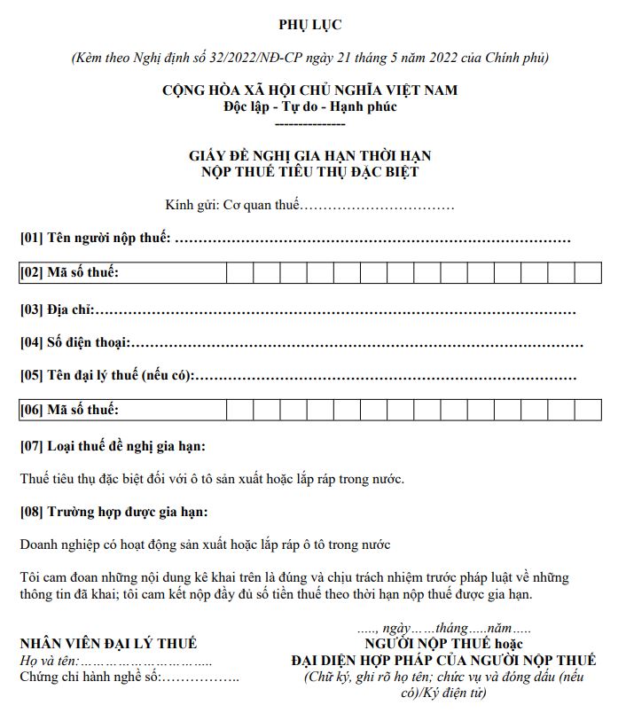 Giấy đề nghị gia hạn nộp thuế tiêu thụ đặc biệt