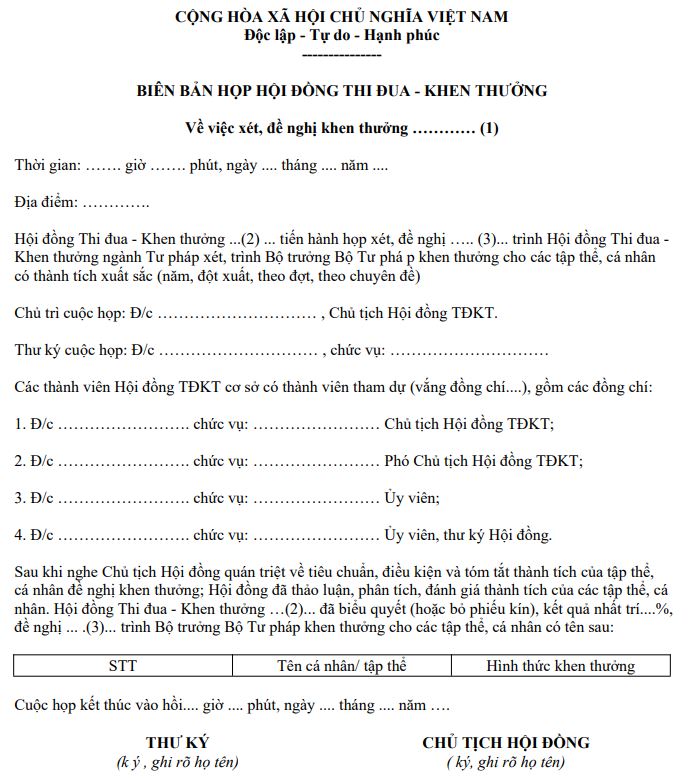 Biên bản họp hội đồng thi đua khen thưởng