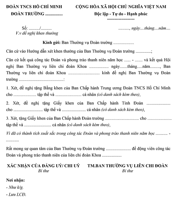 Mẫu công văn đề nghị khen thưởng