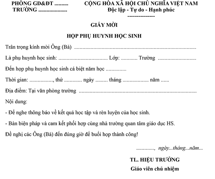 Mẫu giấy mời họp phụ huynh