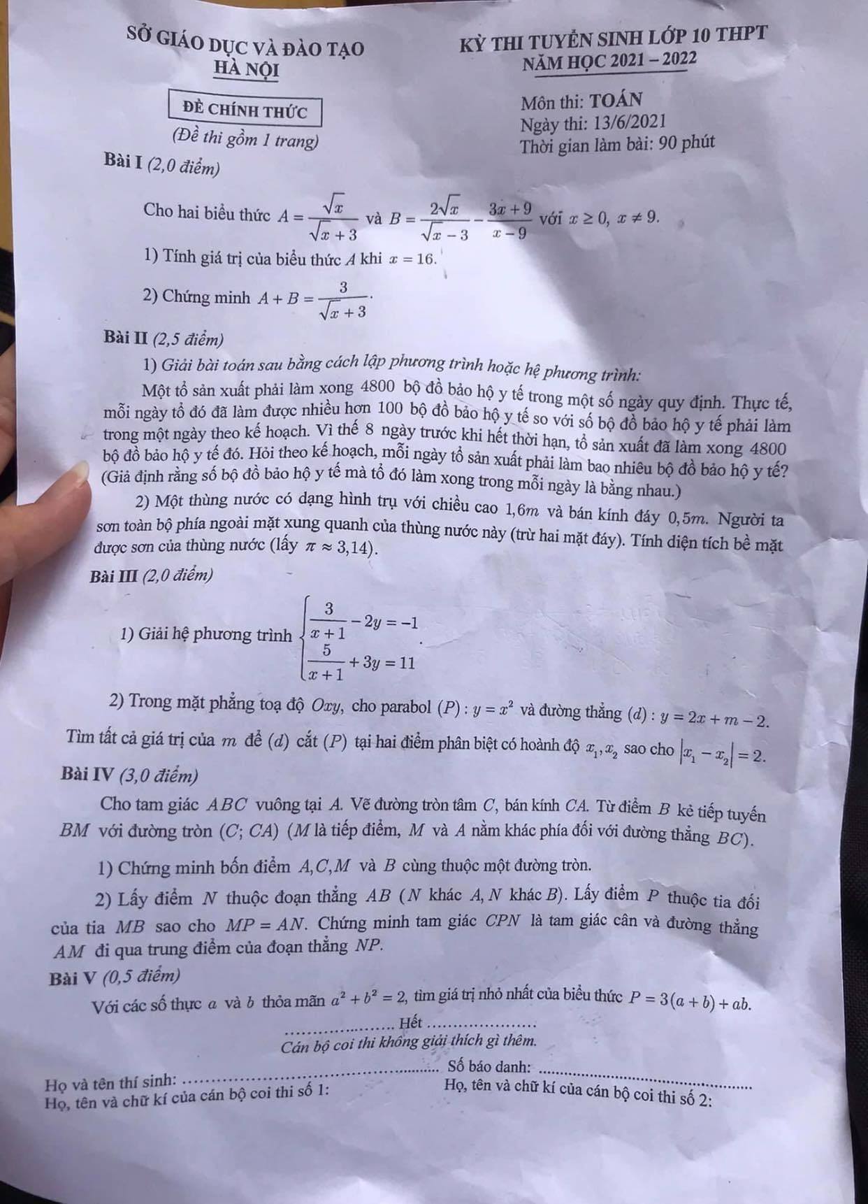 Đề thi vào 10 môn Toán Hà Nội 2021