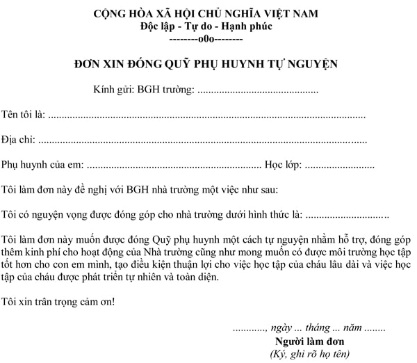 Mẫu đơn xin đóng quỹ phụ huynh tự nguyện Đơn xin đóng quỹ phụ huynh tự nguyện
