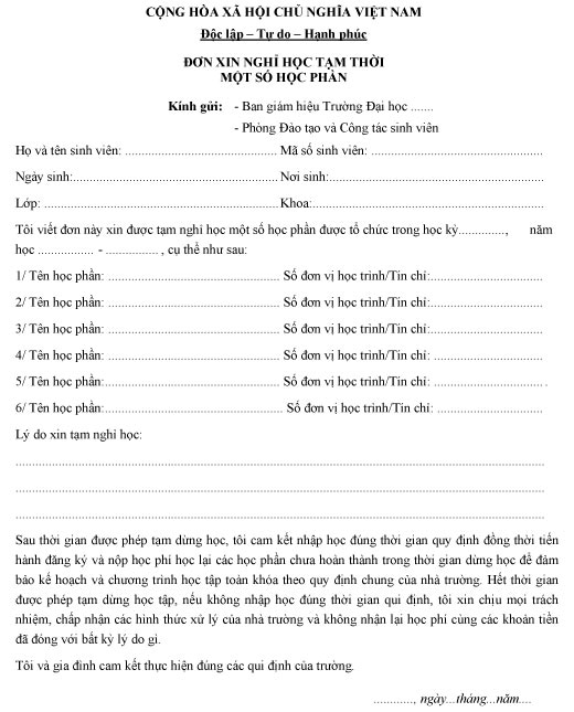 Mẫu đơn xin nghỉ học tạm thời một số học phần