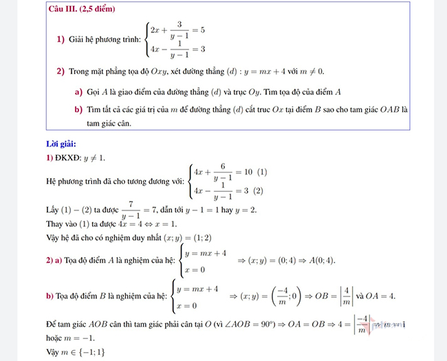  Đáp án đề thi tuyển sinh lớp 10 môn Toán 2020