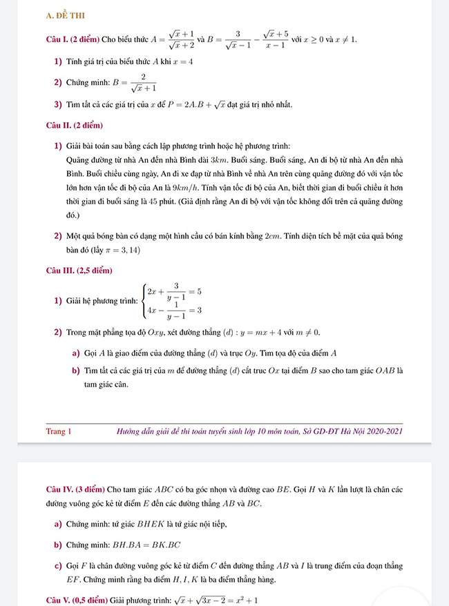Đề thi tuyển sinh lớp 10 môn Toán 2020-2021 Hà Nội