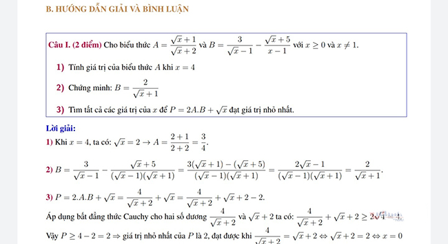  Đáp án đề thi tuyển sinh lớp 10 môn Toán 2020