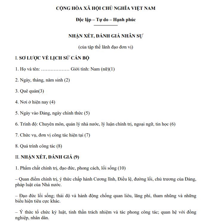 Mẫu nhận xét, đánh giá nhân sự của tập thể lãnh đạo đơn vị