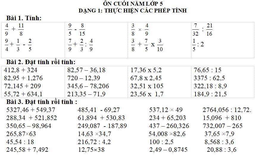 Bài tập ôn hè Toán lớp 5 lên lớp 6
