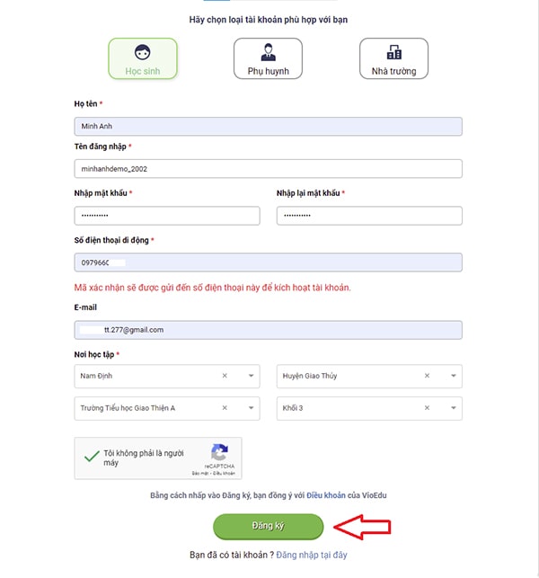 Đăng ký tài khoản học sinh VioEdu