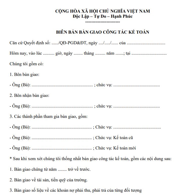 Mẫu biên bản bàn giao công tác kế toán 