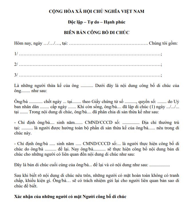 Mẫu công bố di chúc mới