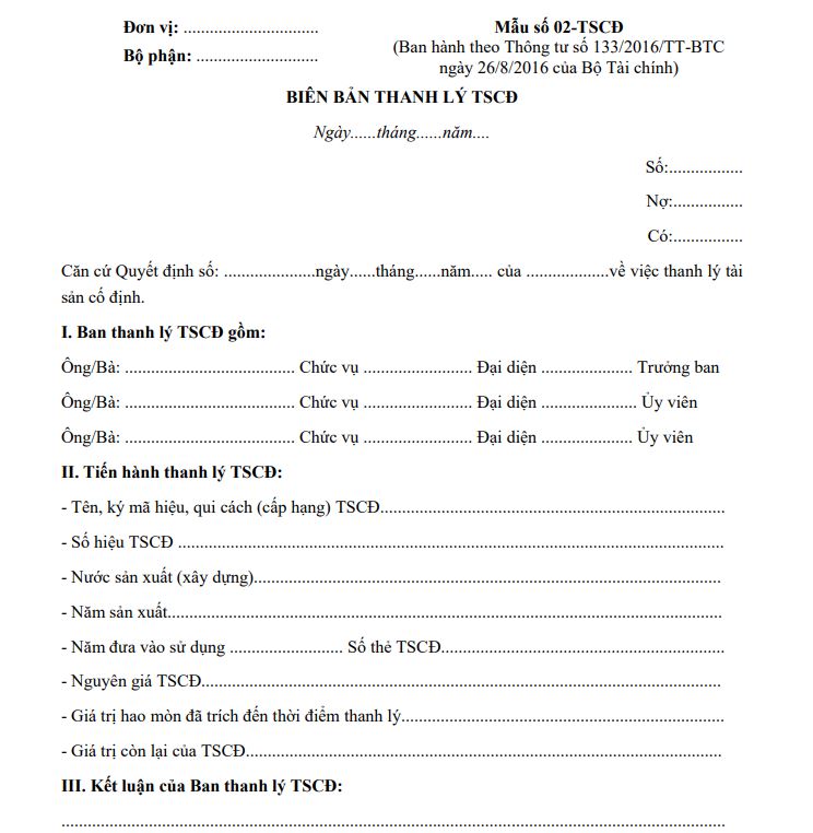 Mẫu số 02-TSCĐ: Biên bản thanh lý tài sản cố định 