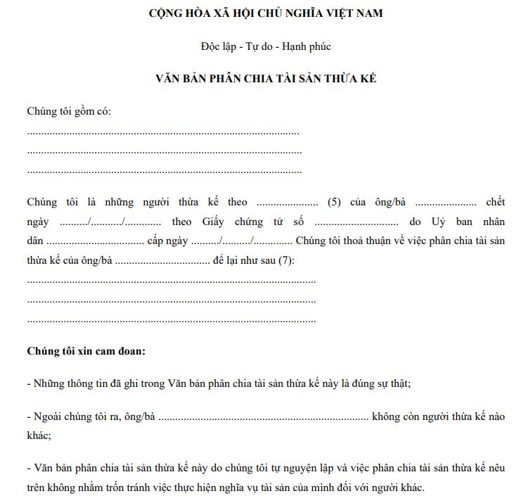 Mẫu văn bản phân chia di sản thừa kế