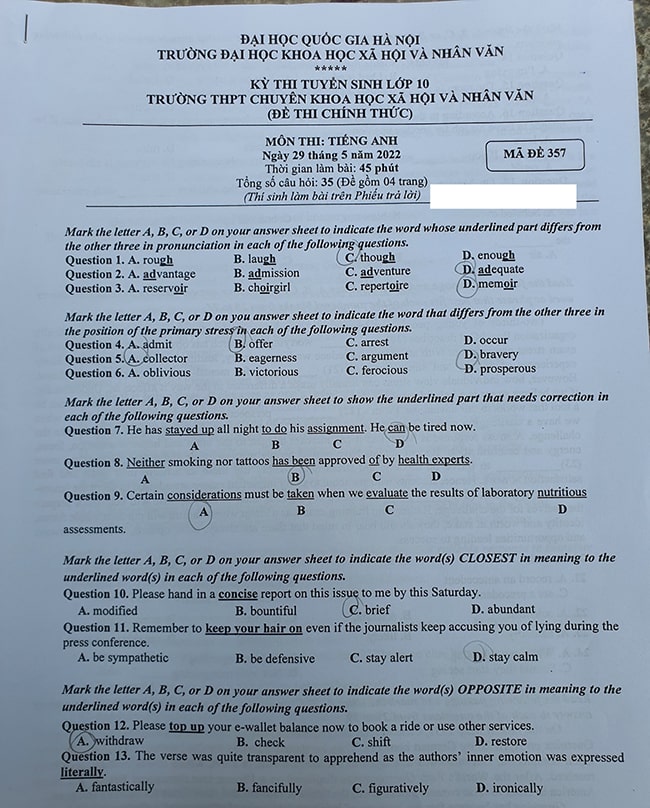 Đề Anh thi vào 10 chuyên Khoa học Xã hội và Nhân văn 2022