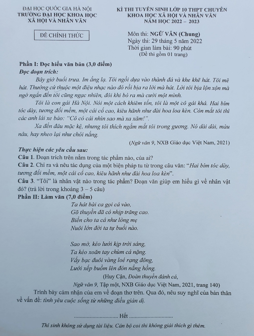 Đề Văn chuyên Khoa học Xã hội và Nhân văn 2022