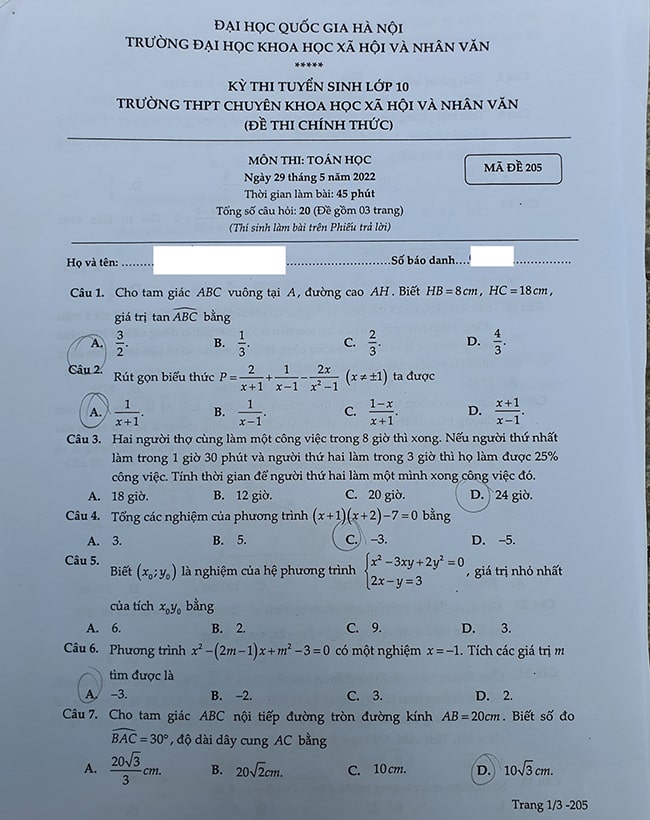 Đề thi vào lớp 10 chuyên Khoa học Xã hội và Nhân văn 2022 môn Toán