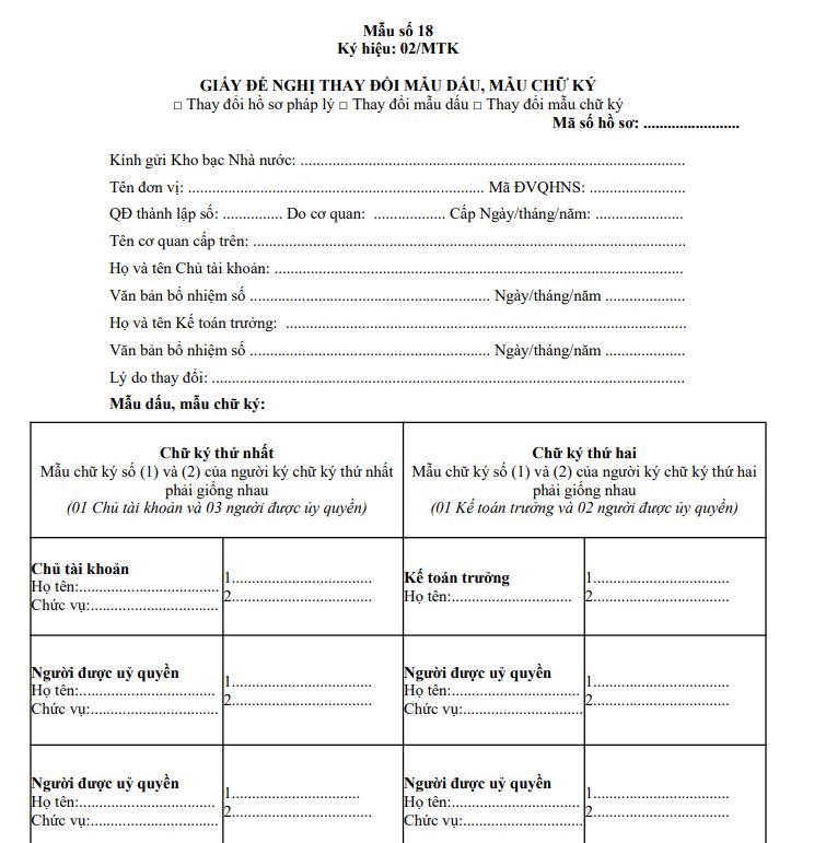 Mẫu 02/MTK: Giấy đề nghị thay đổi mẫu dấu, mẫu chữ ký 