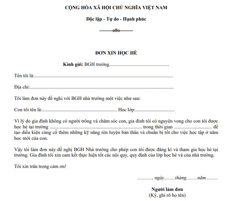 Mẫu đơn xin học hè tiểu học 