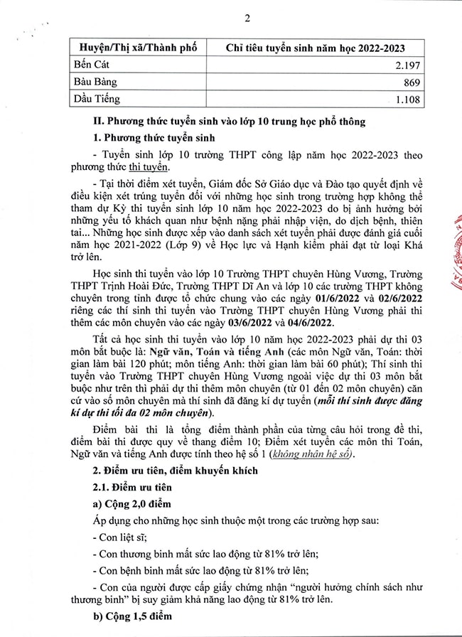 Thông tin tuyển sinh vào lớp 10 2022 Bình Dương