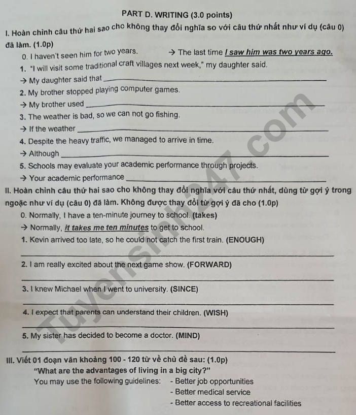 Đề thi, đáp án môn Tiếng Anh vào lớp 10 THPT chuyên Lê Hồng Phong năm 2022 đầy đủ nhất 3