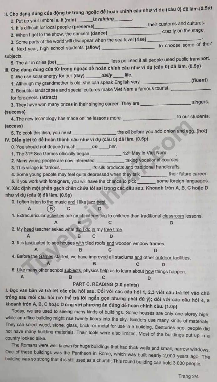 Đề thi, đáp án môn Tiếng Anh vào lớp 10 THPT chuyên Lê Hồng Phong năm 2022 đầy đủ nhất 1