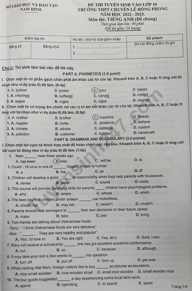 Đề thi, đáp án môn Tiếng Anh vào lớp 10 THPT chuyên Lê Hồng Phong năm 2022 đầy đủ nhất 0