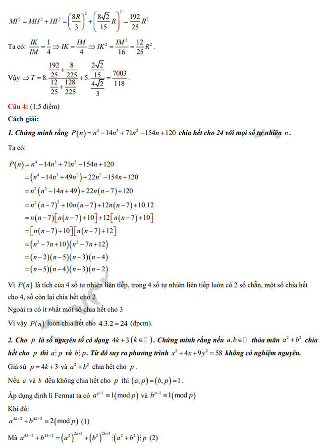 Đáp án Đề Toán thi vào lớp 10 chuyên Lê Hồng Phong 2022