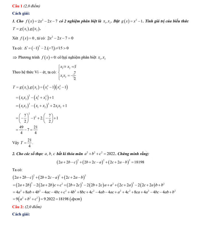 Đáp án Đề Toán thi vào lớp 10 chuyên Lê Hồng Phong 2022
