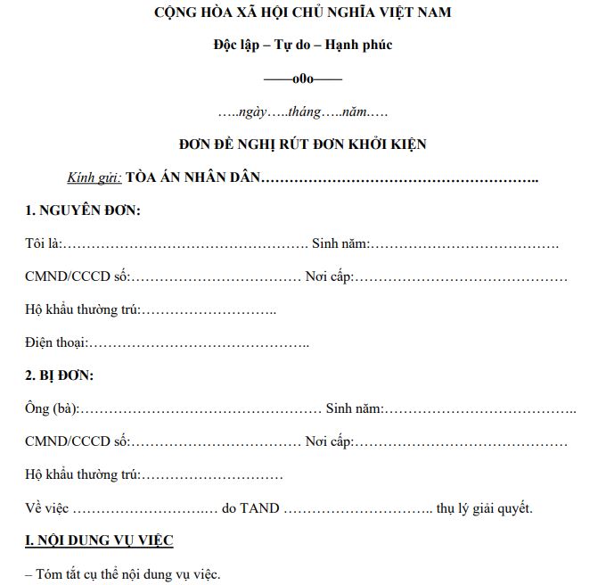 Mẫu đơn đề nghị rút đơn khởi kiện