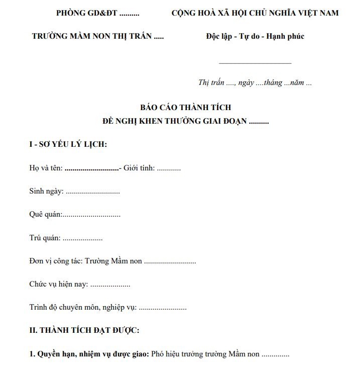 Mẫu báo cáo thành tích cá nhân của giáo viên mầm non