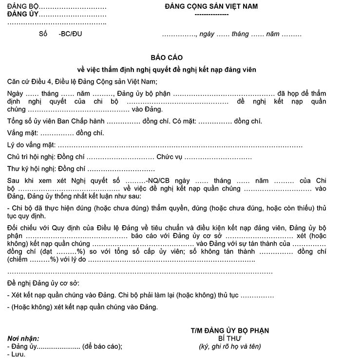 Mẫu 7-KNĐ: Báo cáo đề nghị kết nạp Đảng viên