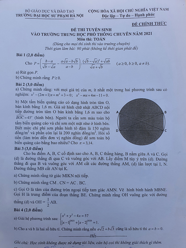 Đề Toán chung vào trường chuyên Sư phạm Hà Nội 2021