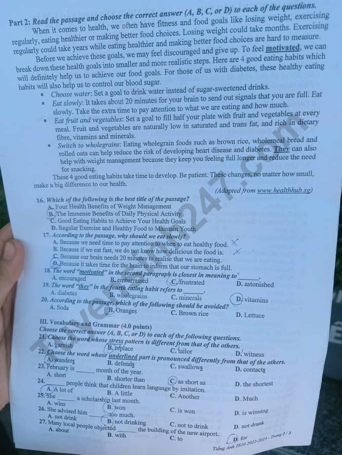 Đề thi vào lớp 10 2022 môn Anh Bình Dương