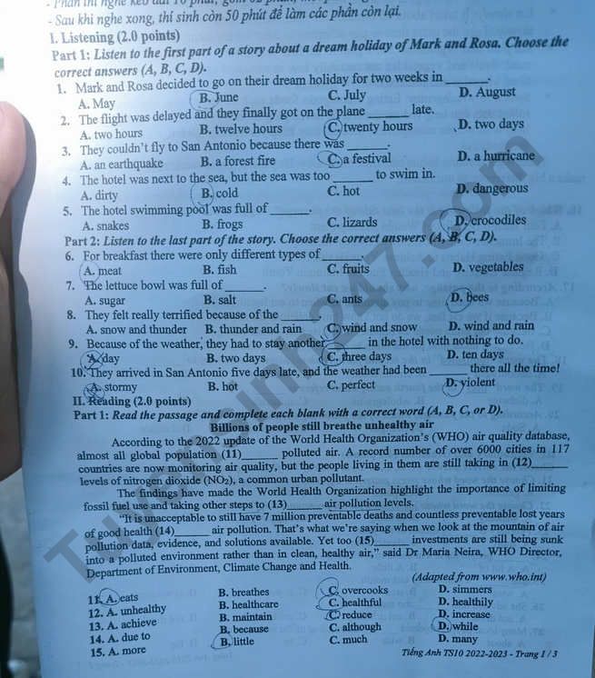 Đề thi vào lớp 10 2022 môn Anh Bình Dương