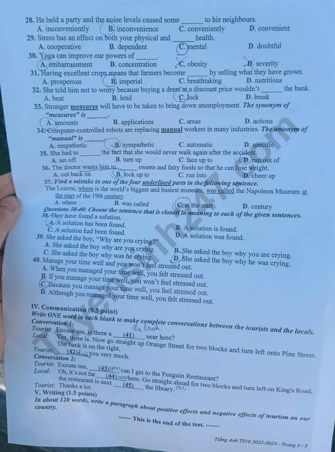 Đề thi vào lớp 10 2022 môn Anh Bình Dương