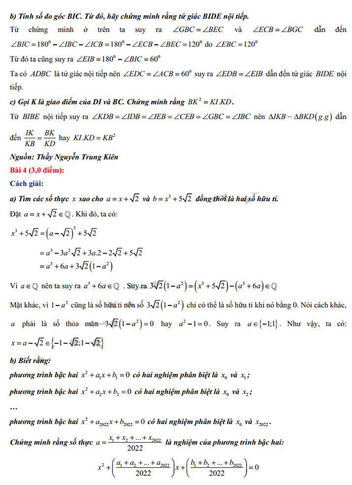 Đáp án đề thi Toán chuyên Sư phạm 2022