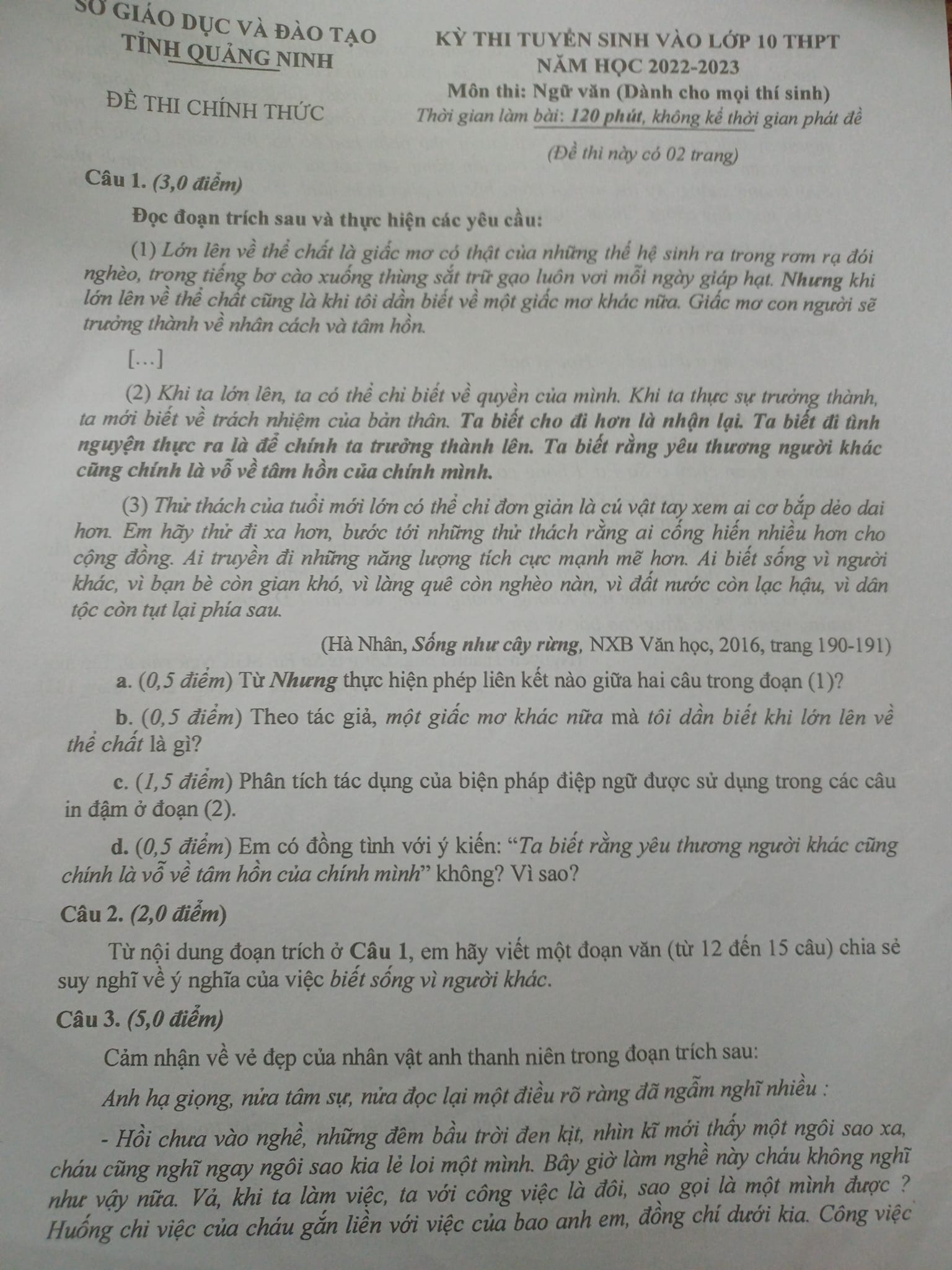  Đề thi tuyển sinh lớp 10 môn văn Quảng Ninh 2022