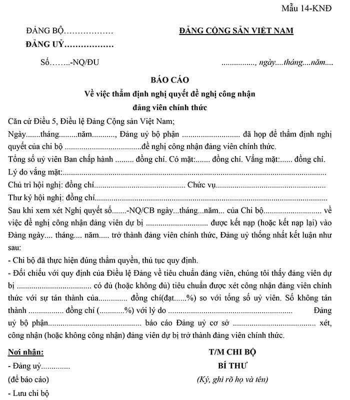 Mẫu báo cáo thẩm định nghị quyết đề nghị công nhận đảng viên chính thức 