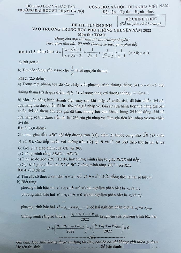 Đề Toán chuyên Sư phạm 2022 chung