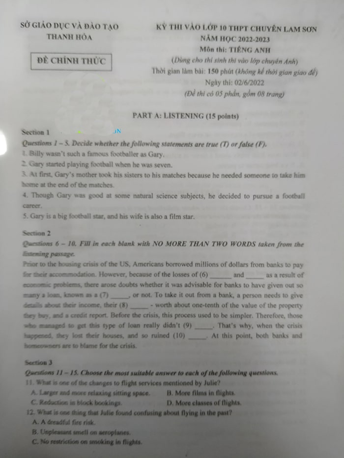 Đề thi vào lớp 10 môn Anh Thanh Hóa 2022 chuyên Lam Sơn