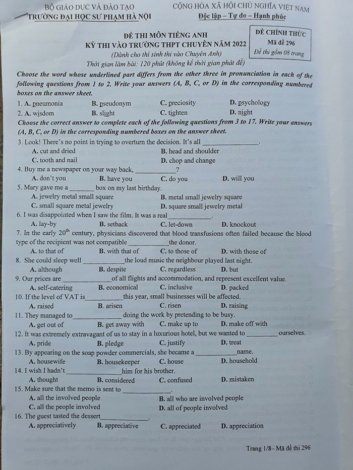 Đề tiếng Anh chuyên Sư Phạm 2022